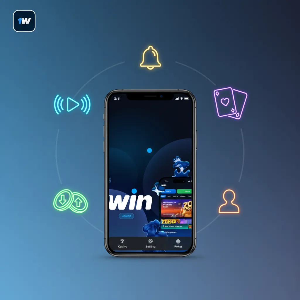 1win app UI showing live betting, casino games, UPI payments, fast odds, notifications, and KYC tools.
