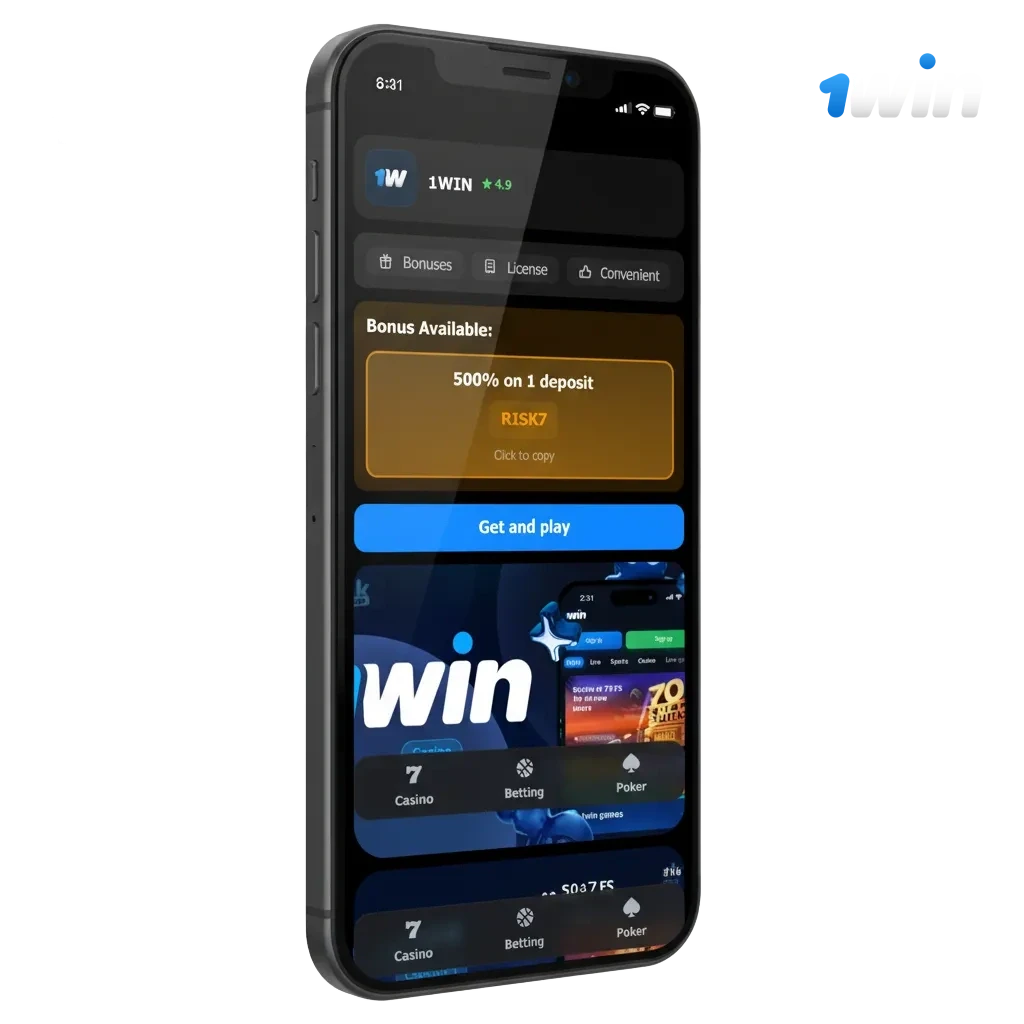 1win iOS app promo for India showing Download for iOS button and 500% bonus up to ₹75,000.