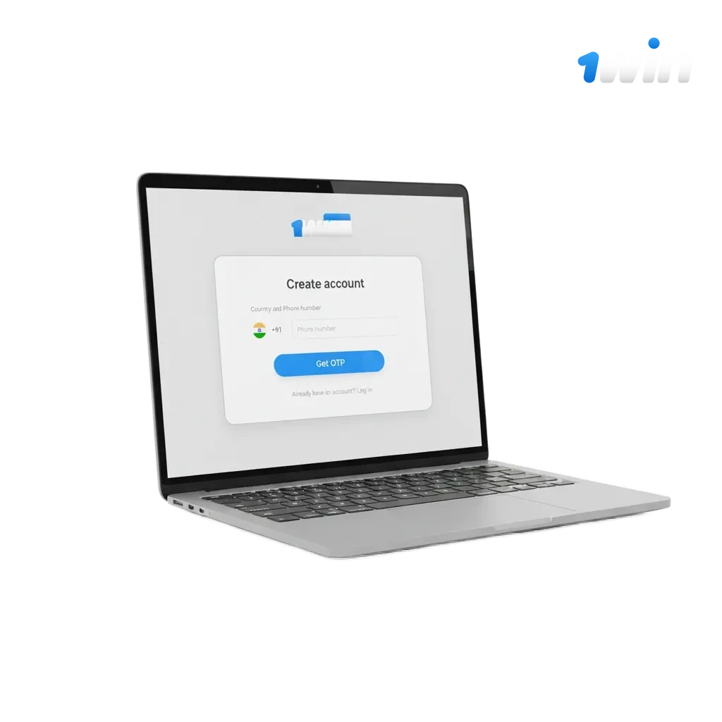 1win India sign-up screen showing phone, email, social, one-click options and 500% welcome bonus up to ₹75,000.