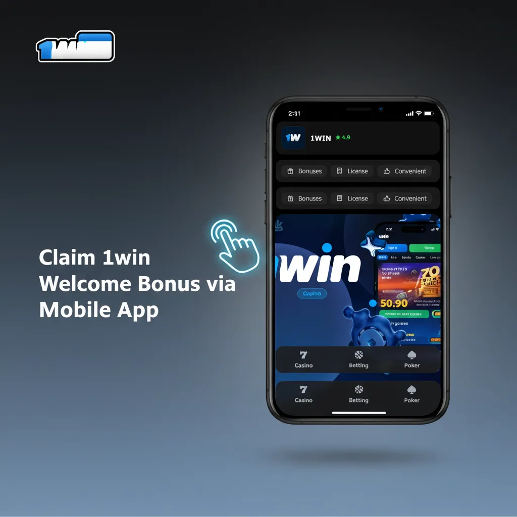 Android/iOS phone showing 1win app: sign in/register, enable welcome bonus, deposit via UPI/cards, check balance/wagering.