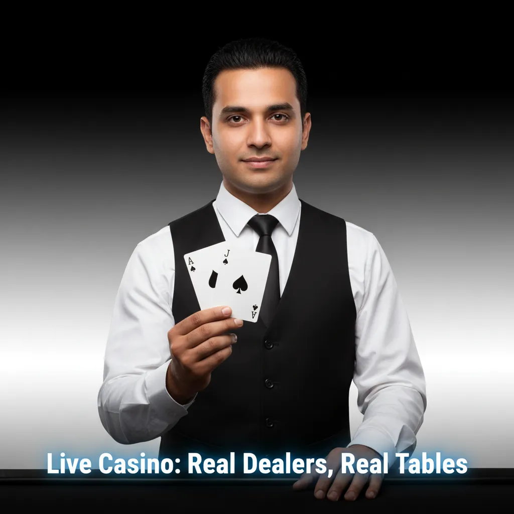 Live casino stream with real dealers, cards, roulette wheel and chat; Blackjack, Roulette, Teen Patti, Andar Bahar.