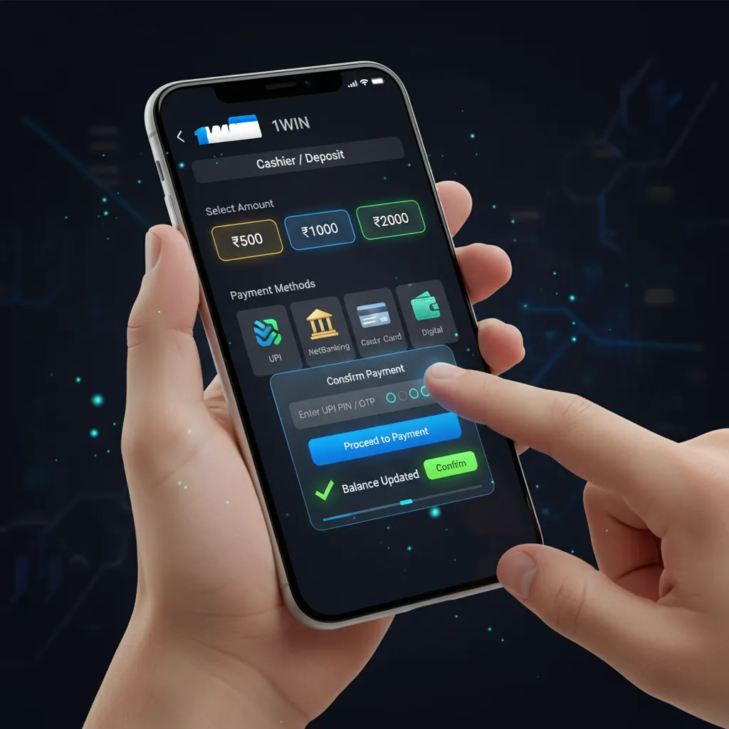 Phone UI showing Cashier > Deposit; pick UPI/NetBanking for INR, enter amount, verify OTP/UPI PIN, balance updates.
