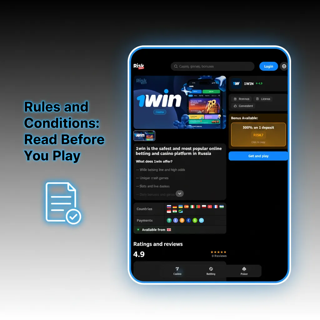 Rules and conditions: 18+ only, one account, ID checks, bonus wagering, regional payments, suspicious activity review.