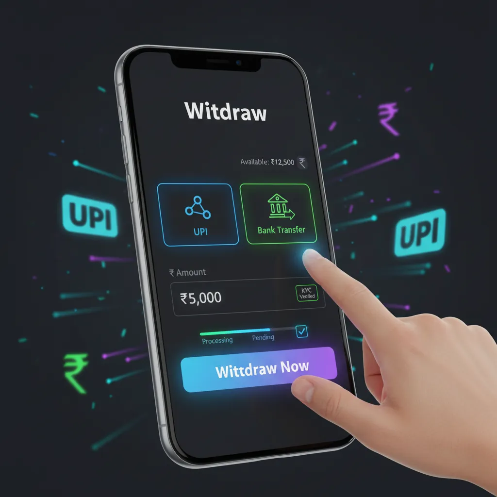 Mobile withdrawal screen: choose UPI or bank, enter amount, submit, approve prompts, track status; complete KYC.