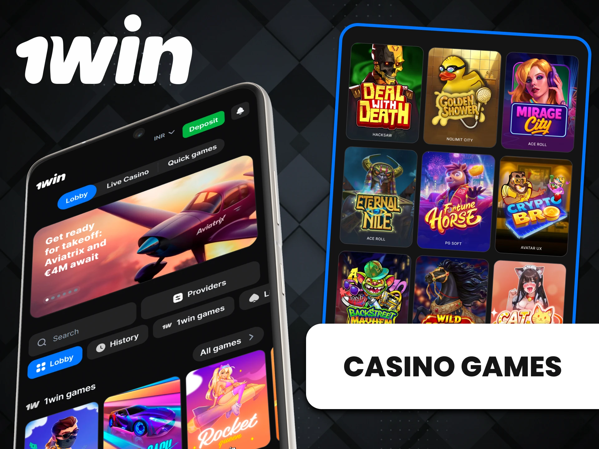 You can play casino games in the 1win app for Android.