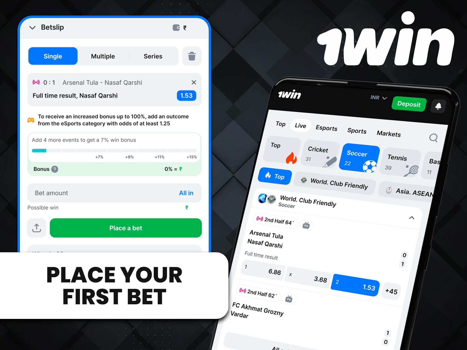 Place sports bets with the 1win app for Android.