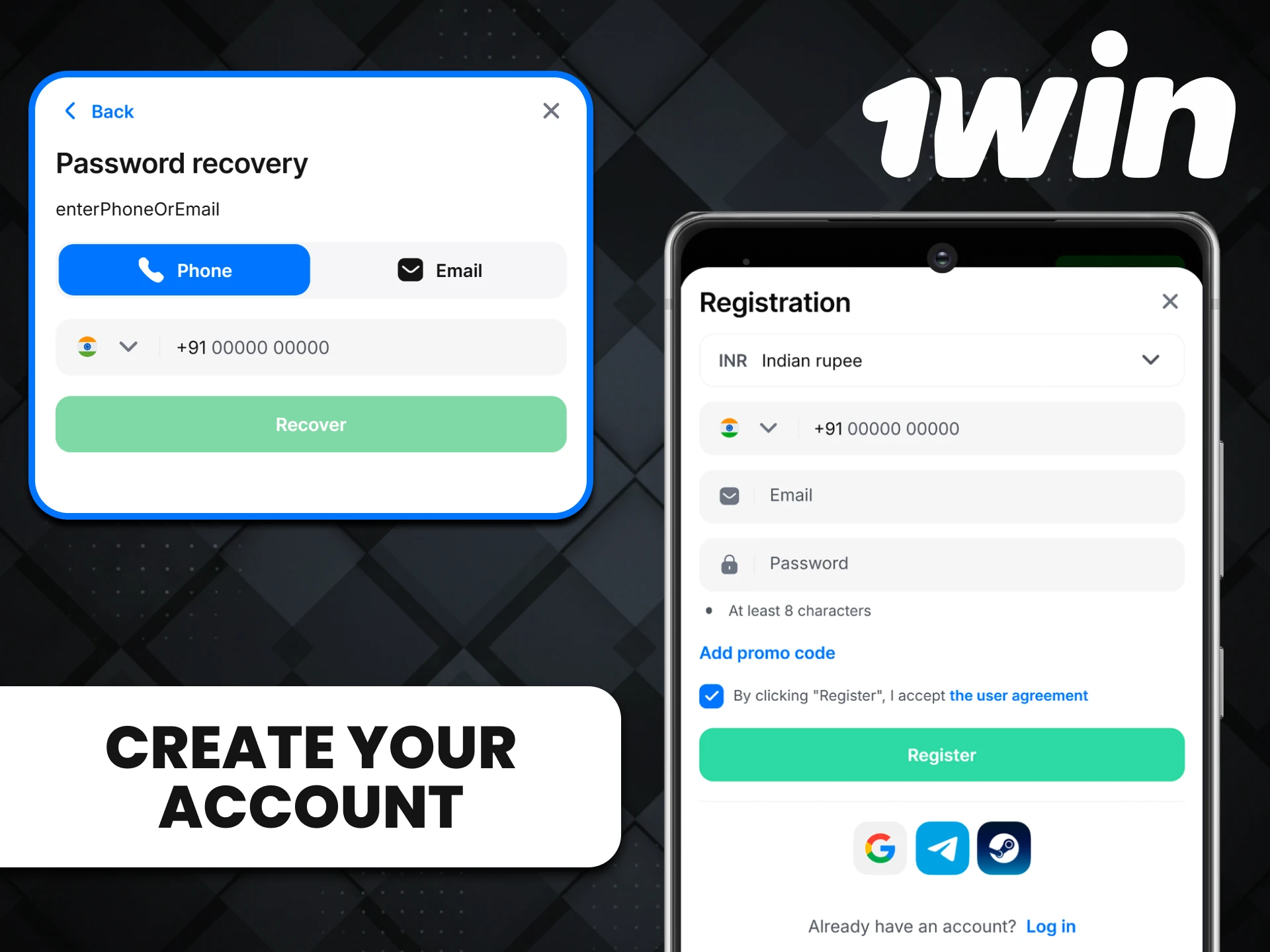Create a personal 1win account in the Android app.