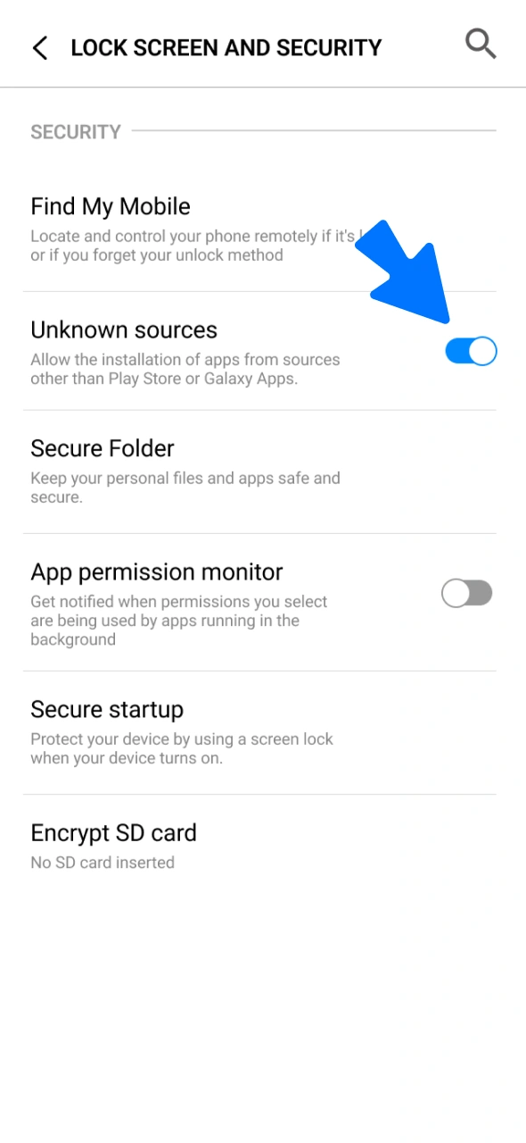 Enable settings for unknown sources to install the 1win Android app.