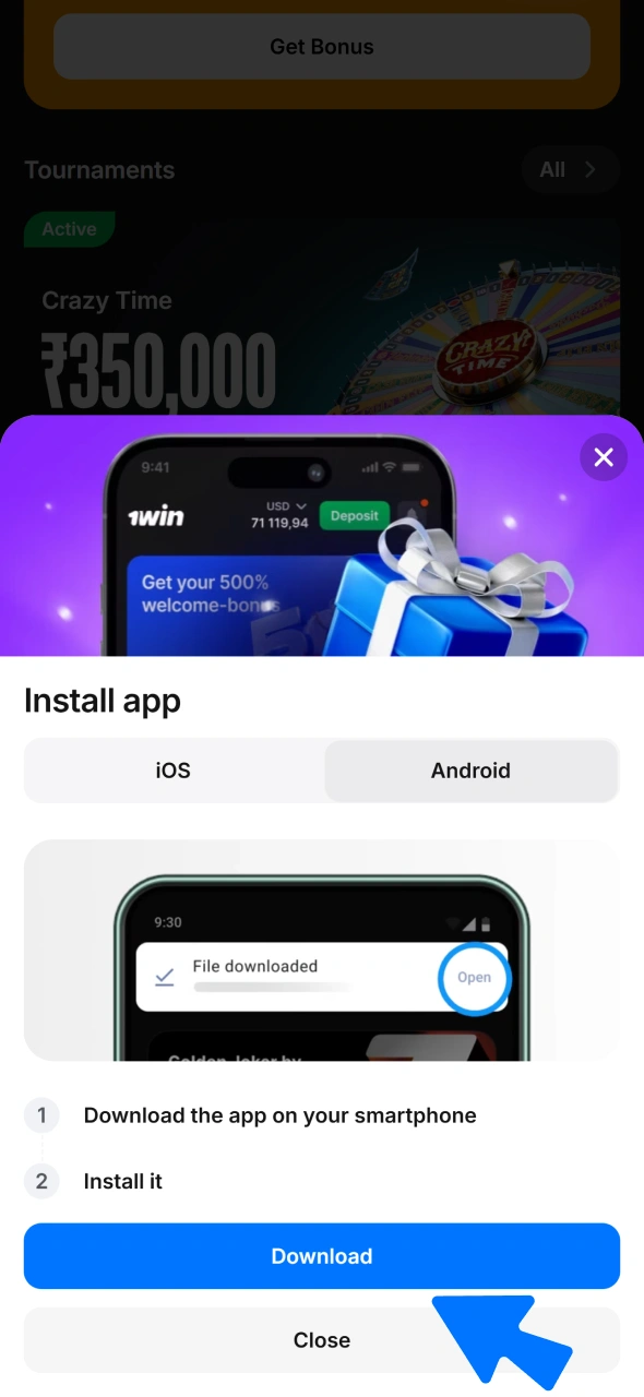 Get the official 1win Android APK file from the mobile site.