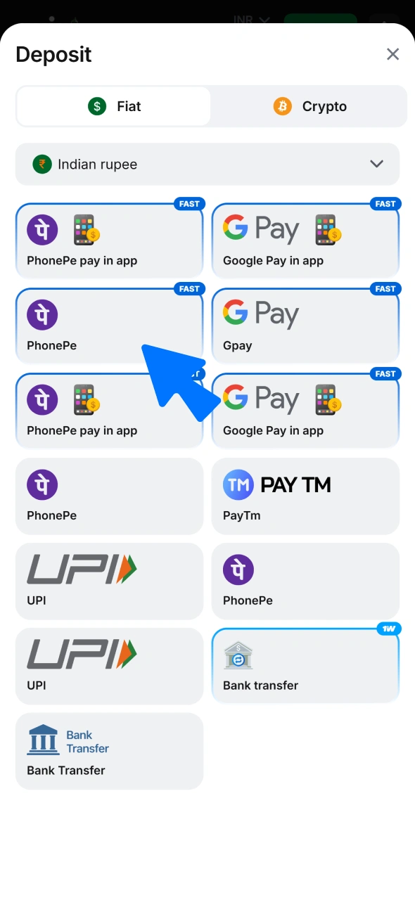 Deposit funds to register and play on the 1win iOS app.