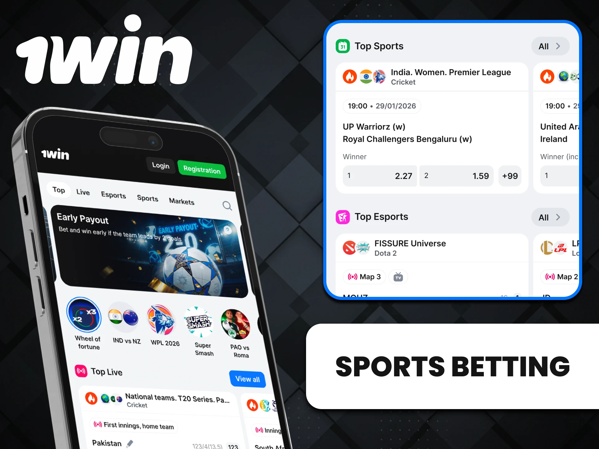 Place sports bets in the 1win app for iOS.