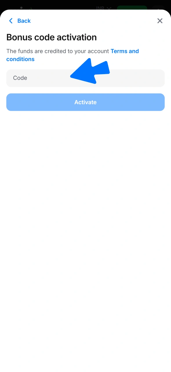 Input the 1win promo code into the required bonus code box.
