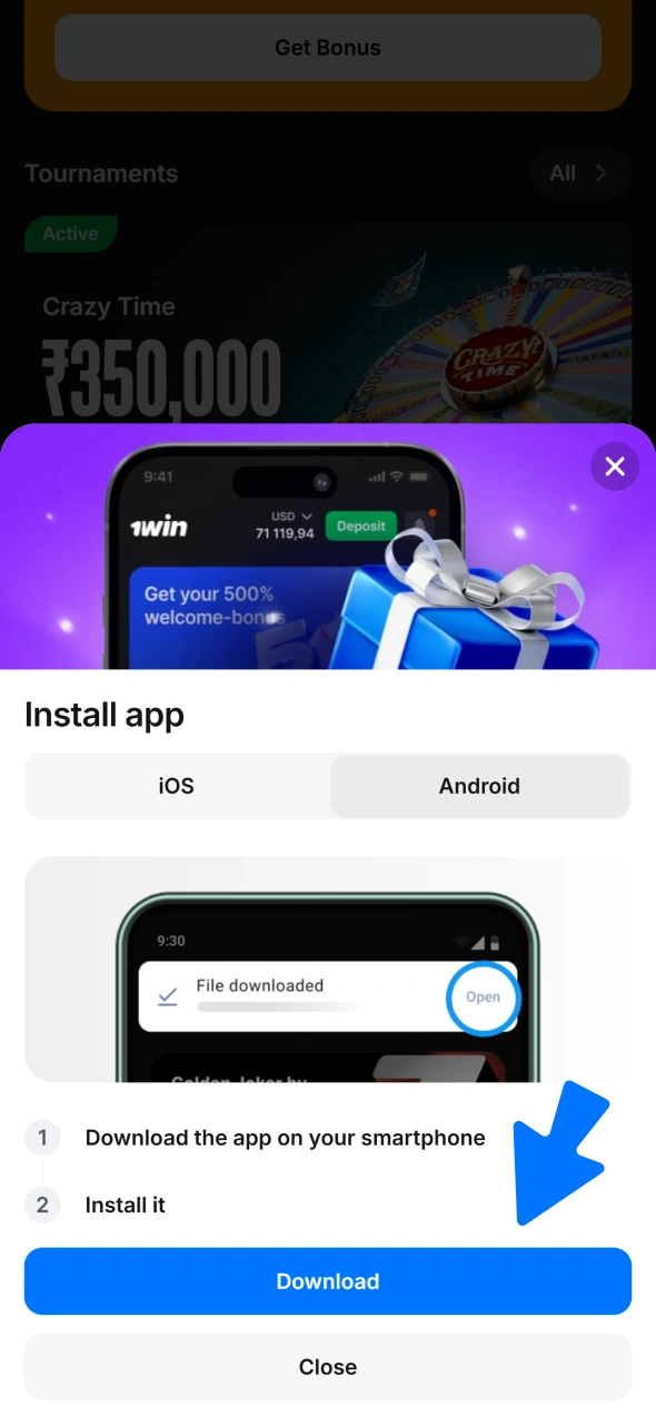 Download and install the 1win app to begin your sign up journey.