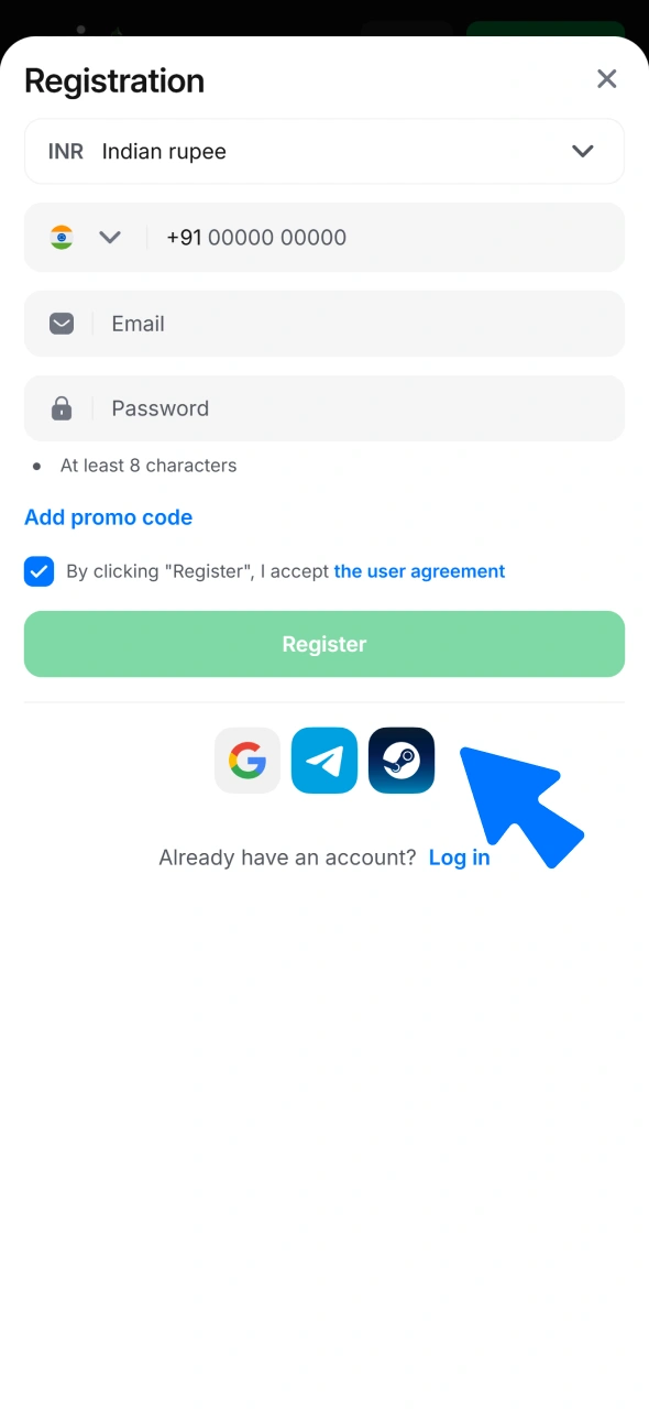 Select your preferred registration method within the 1win app sign up interface.