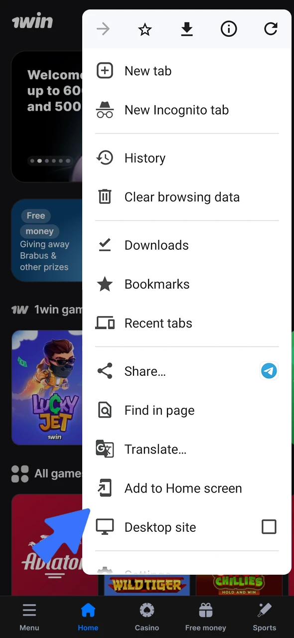 Share a 1win shortcut to your home screen.