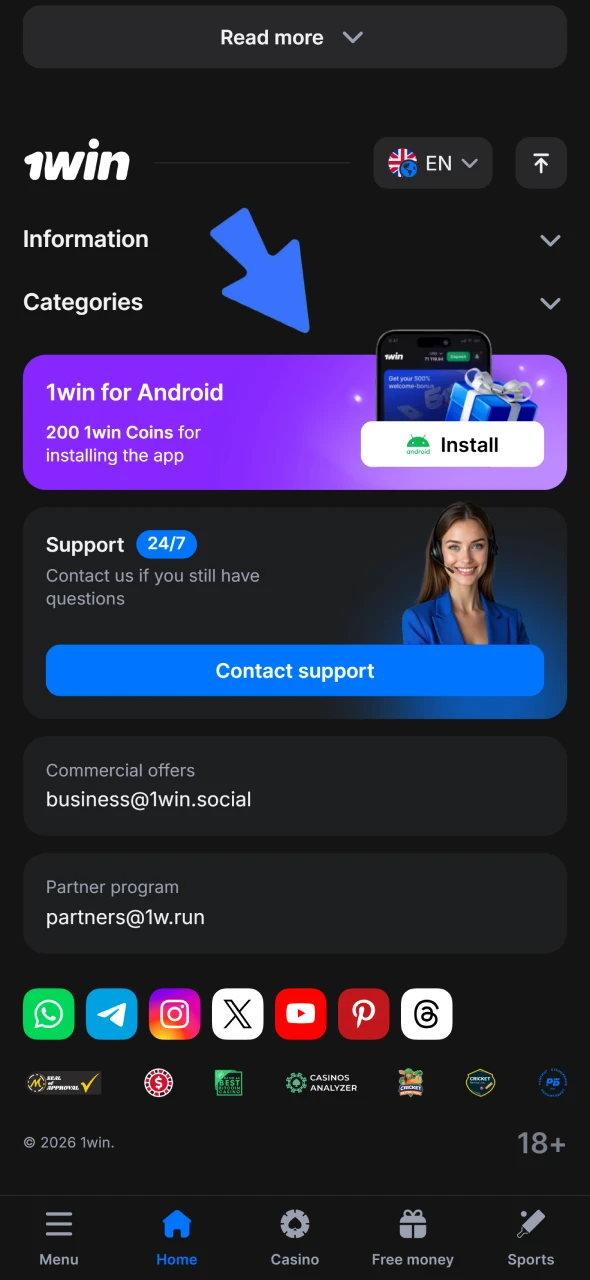 Click the Download button to get the 1win APK file.