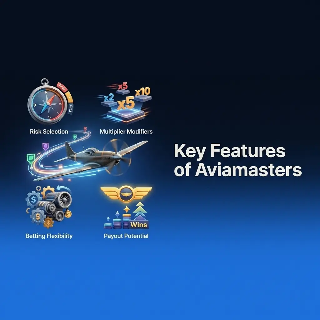 Aviamasters key features at 1win: risk settings, flight-based multiplier modifiers, fast rounds, and a free demo mode.