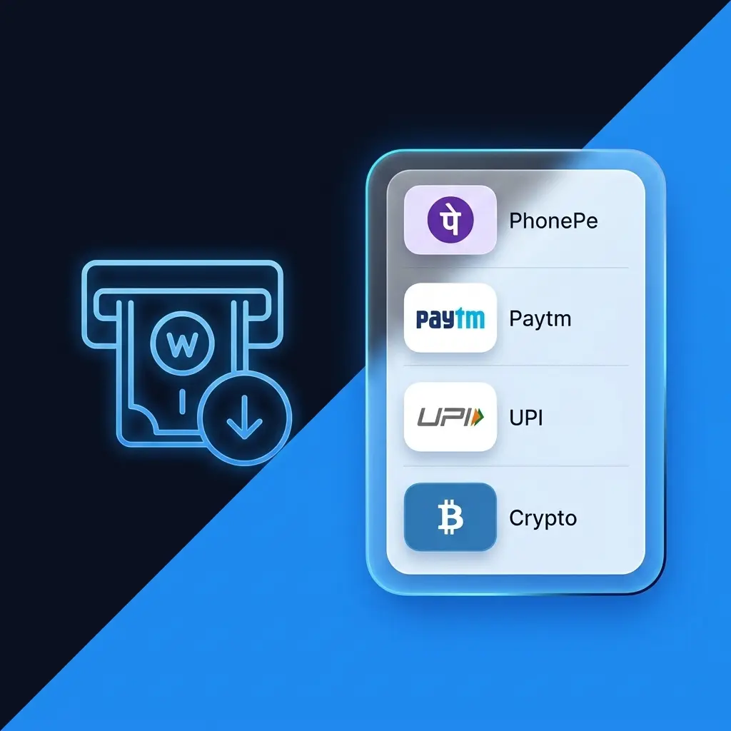 Step-by-step guide showing how to withdraw winnings on 1win using UPI, PhonePe, Paytm, or crypto wallet methods.