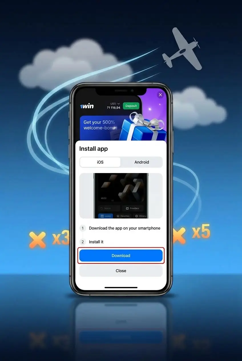 Screenshot showing how to download the 1win Android app and access Aviamasters game on a smartphone