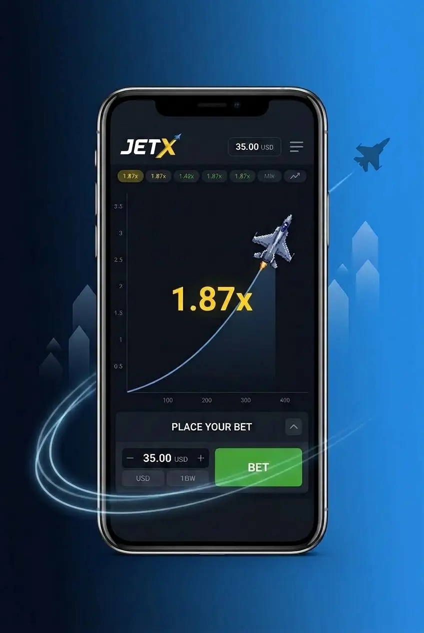 Screenshot of JetX game at 1win showing rising multiplier and jet animation during an active betting round on smartphone