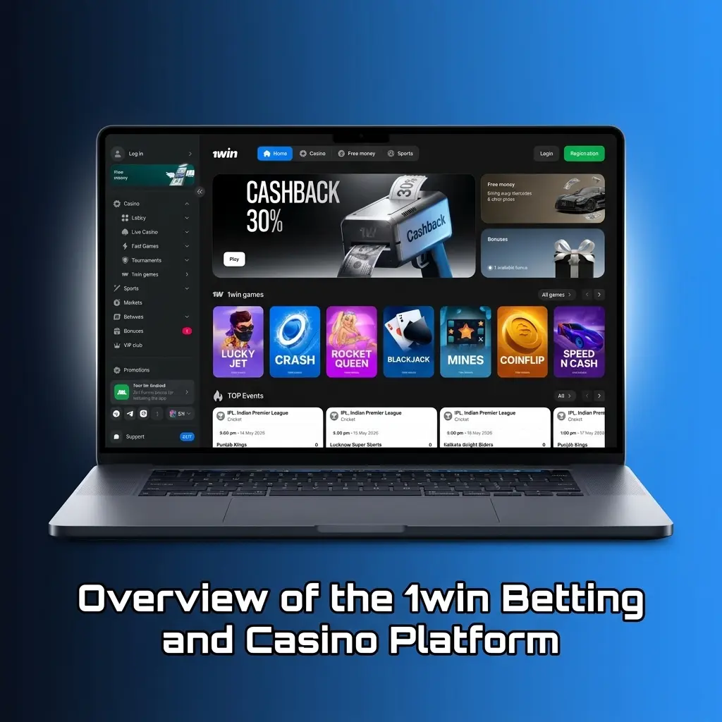 1win platform interface showing sportsbook betting markets and casino games for cricket, football, and live dealer tables in India
