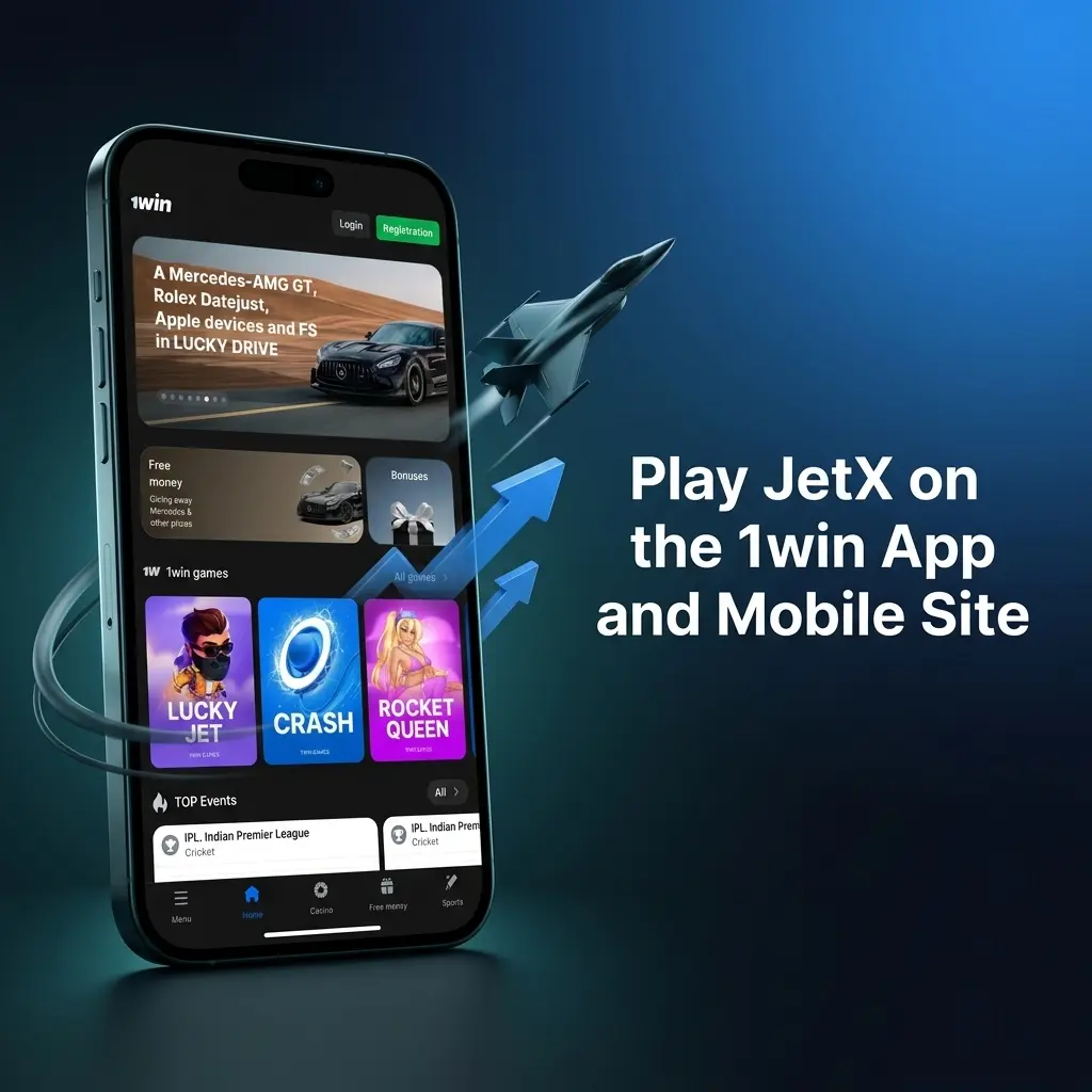 Play JetX on the 1win mobile app or website with synced bet controls, Cash Out button, and multiplier display.